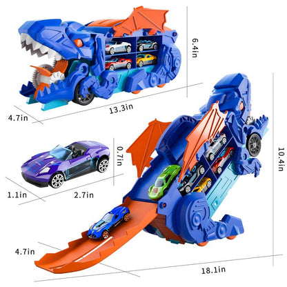 Truck Toys, Toys Cars Track Set Dinosaur Transporter Truck with 10 Die-Cast Car Toys, Transforms into Dino Car Toys Set