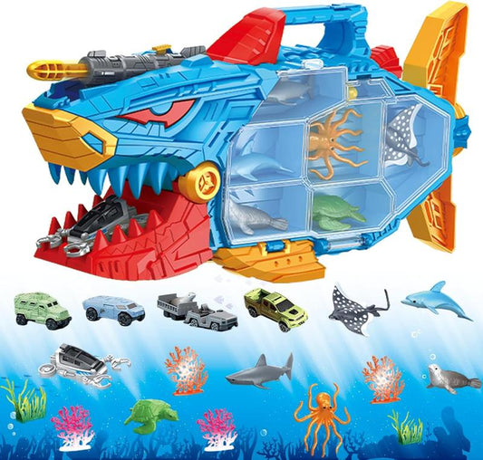 Shark Toy, Ocean Animals Toys Deep Sea Creatures Toy with Truck Toys Cars, Gifts for 3 plus Year Old Girls and Boys, 18Pcs Toys Set for Kids