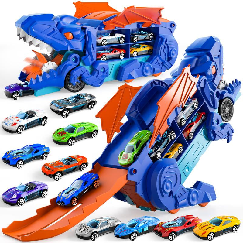 Truck Toys, Toys Cars Track Set Dinosaur Transporter Truck with 10 Die-Cast Car Toys, Transforms into Dino Car Toys Set