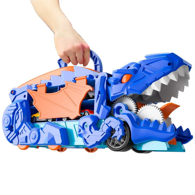 Truck Toys, Toys Cars Track Set Dinosaur Transporter Truck with 10 Die-Cast Car Toys, Transforms into Dino Car Toys Set