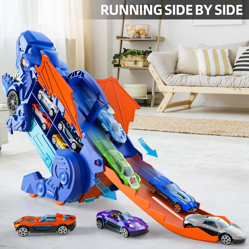 Truck Toys, Toys Cars Track Set Dinosaur Transporter Truck with 10 Die-Cast Car Toys, Transforms into Dino Car Toys Set