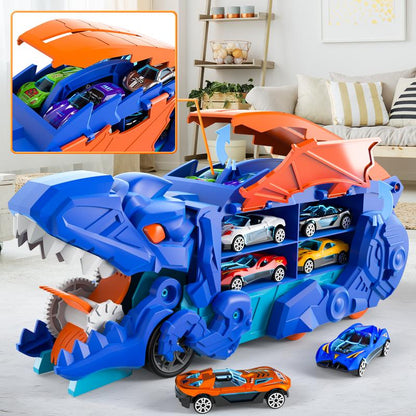 Truck Toys, Toys Cars Track Set Dinosaur Transporter Truck with 10 Die-Cast Car Toys, Transforms into Dino Car Toys Set