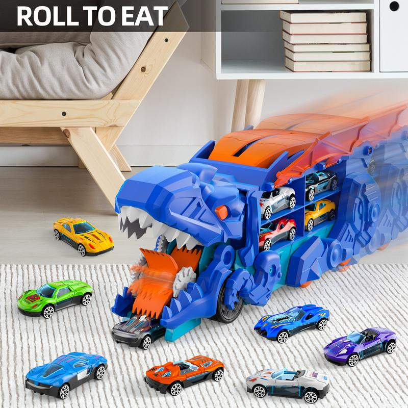 Truck Toys, Toys Cars Track Set Dinosaur Transporter Truck with 10 Die-Cast Car Toys, Transforms into Dino Car Toys Set