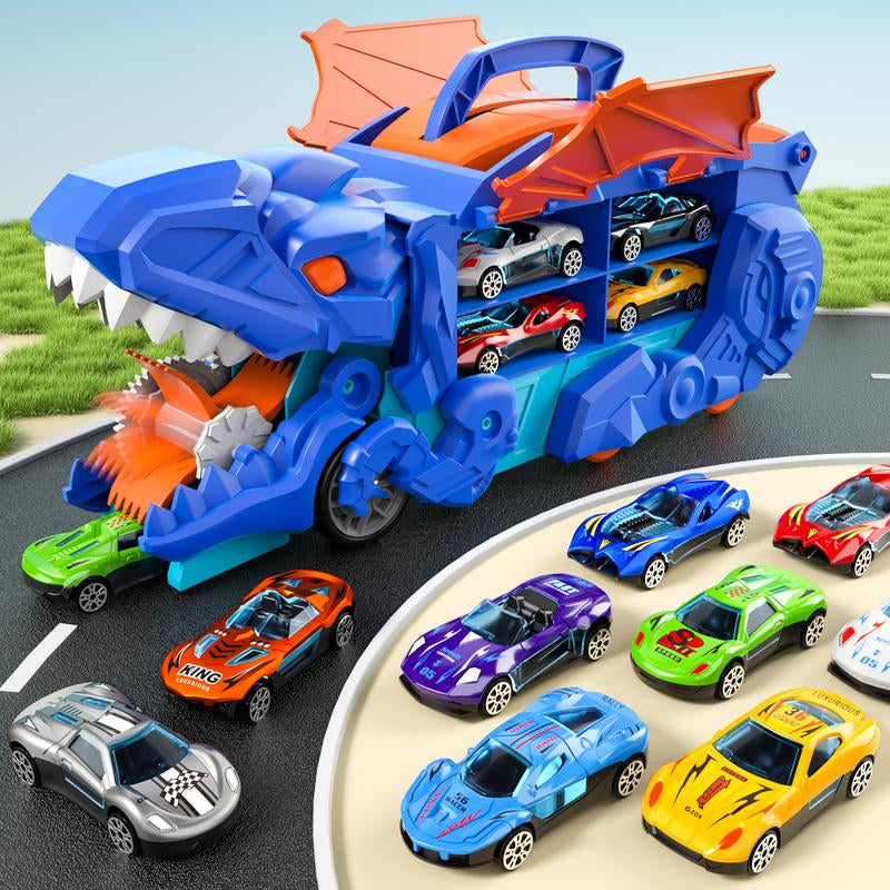 Truck Toys, Toys Cars Track Set Dinosaur Transporter Truck with 10 Die-Cast Car Toys, Transforms into Dino Car Toys Set