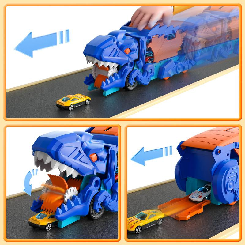 Truck Toys, Toys Cars Track Set Dinosaur Transporter Truck with 10 Die-Cast Car Toys, Transforms into Dino Car Toys Set